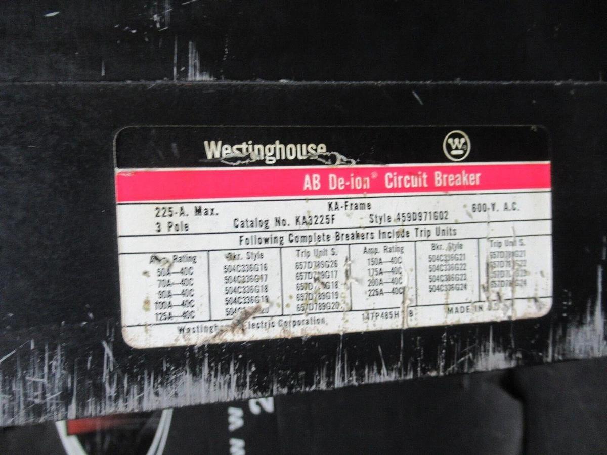 Used WESTINGHOUSE AB DE-ION BREAKER KA3225F 150 AMP TRIP 600 VAC 3-POLE 459D971G02