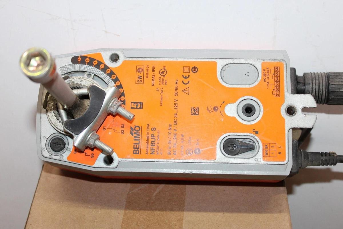 Used BELIMO ACTUATOR NFBUP-S 24-240 VAC 90 IN-LBS NEMA 2 NFXUP-S 9.5 VA 6 WATT NEMA 2