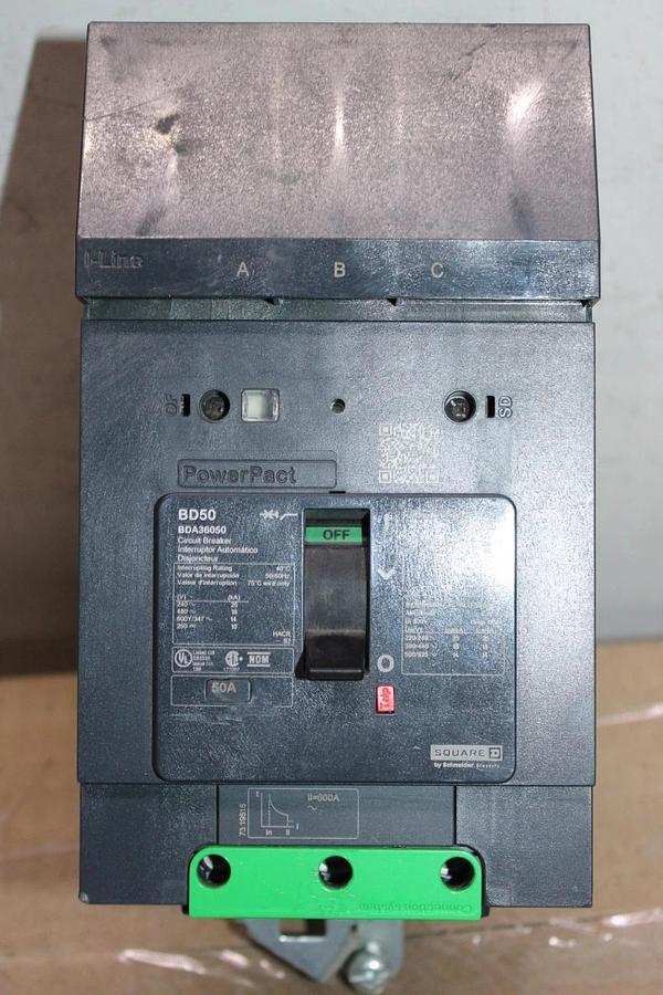 Used SQUARE D POWERPACT I-LINE CIRCUIT BREAKER BDA36050 50 AMP 3-POLE 600 VAC
