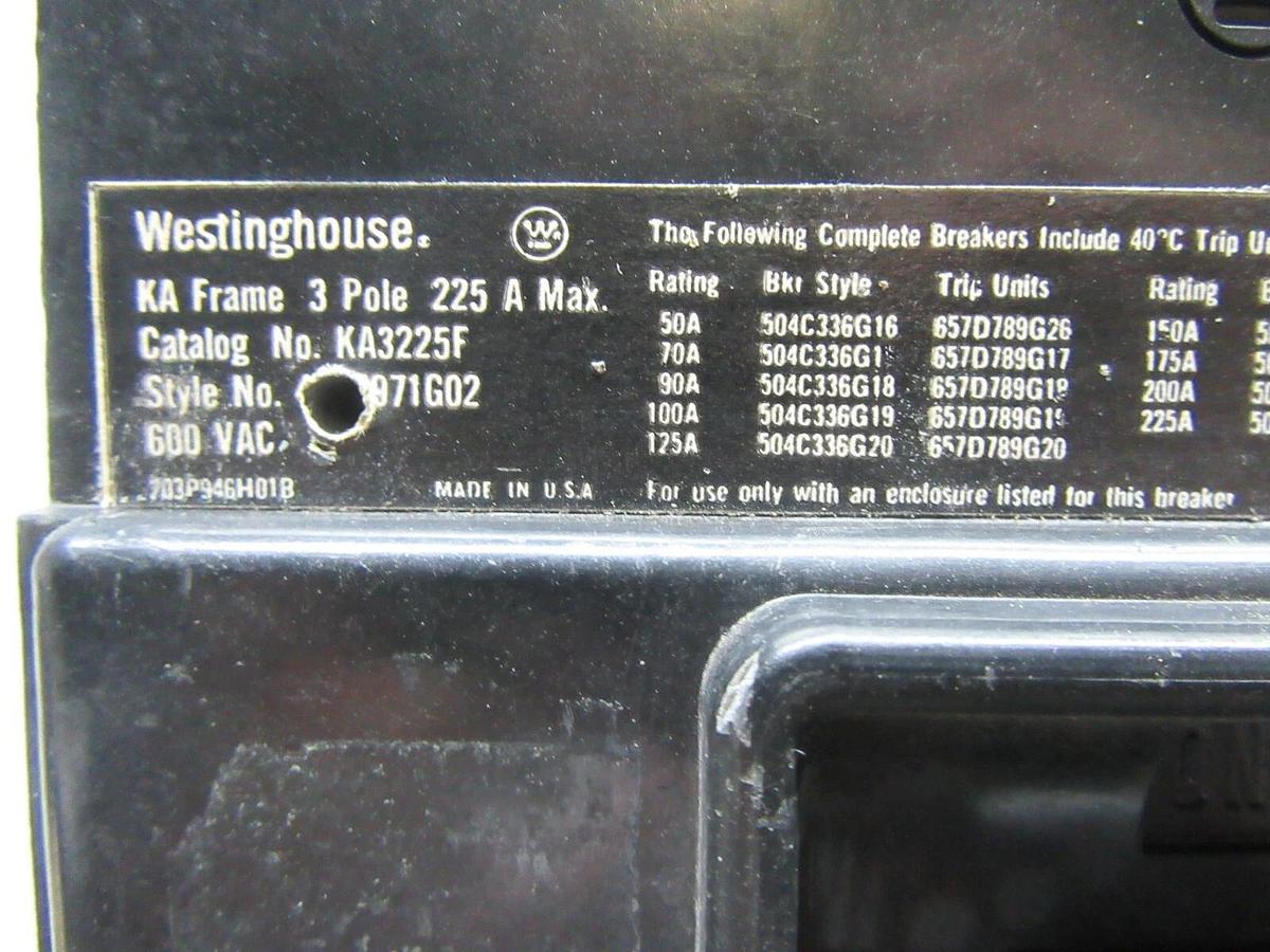 Used WESTINGHOUSE 3-POLE CIRCUIT BREAKER KA3225F 225 AMP FRAME 150 AMP TRIP 600 VAC