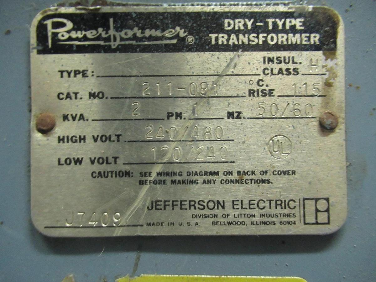 Used POWERFORMER TRANSFORMER 211-091 2KVA 50/60HZ 480V 1-PHASE **WARRANTY INCLUDED**