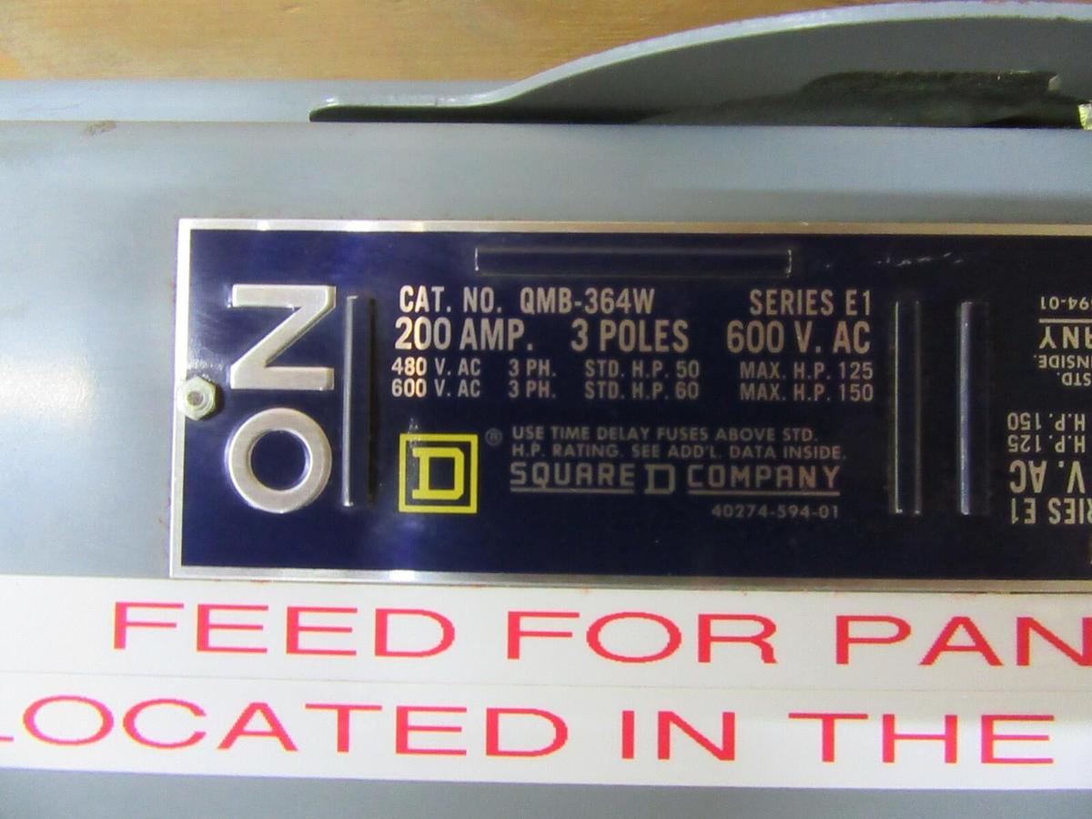 Used SQUARE D QMB BRANCH SAFETY SWITCH QMB-364W 200 AMP 3-POLE 600 VAC 150 HP