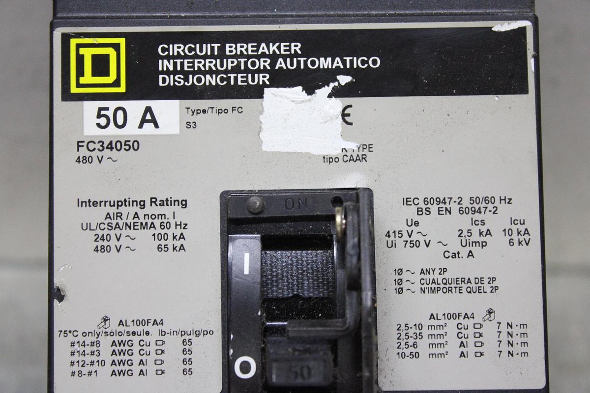 Used SQUARE D I-LINE CIRCUIT BREAKER FA34020 20 AMP 480 VAC 3-POLE