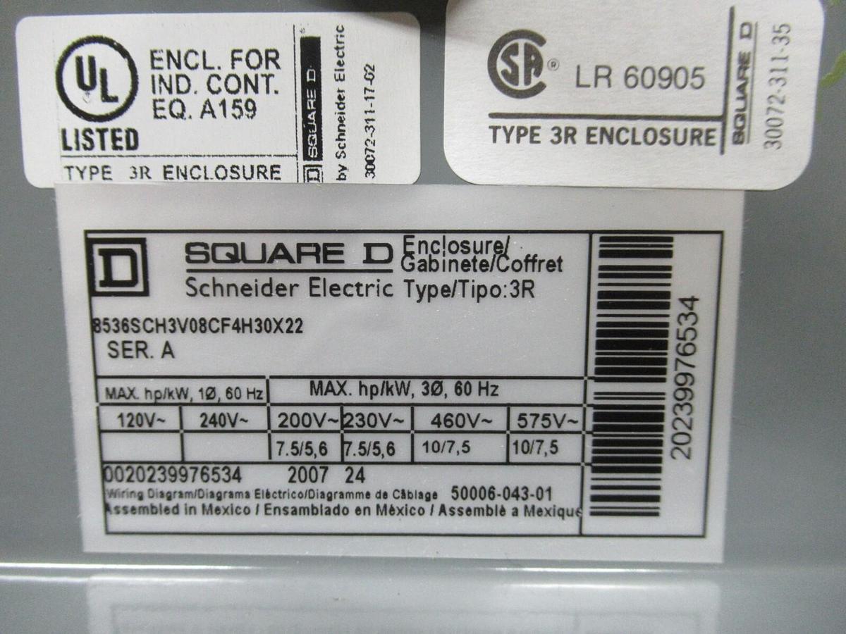 NEW SURPLUS SQUARE D COMBINATION STARTER 8536SCH3V08CF4H30X22 8536SCO3H30 NEMA 1
