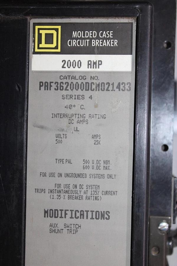 Used SQUARE D DC CIRCUIT BREAKER PAF362000DCM021433 W/ AUX. SWITCH & SHUNT TRIP