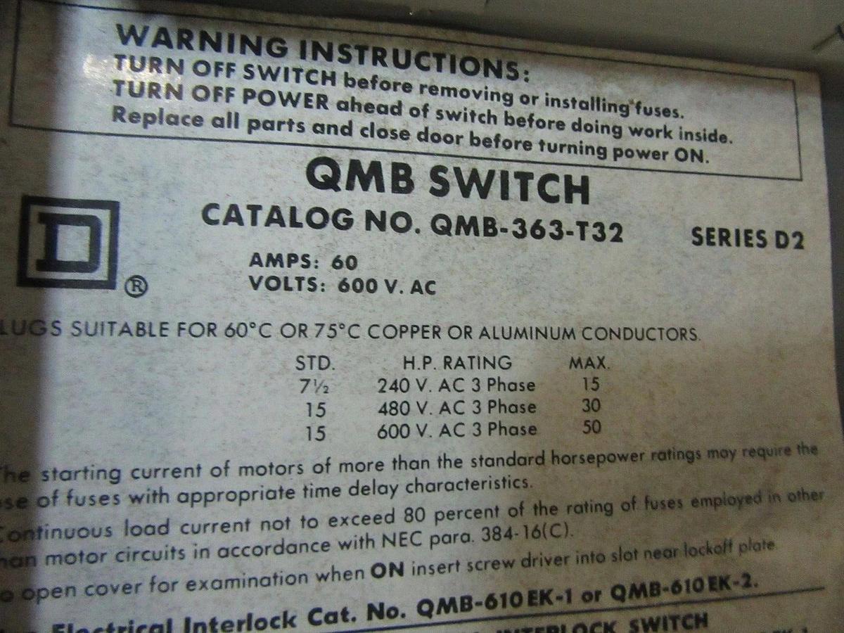 Used SQUARE D QMB TWIN PANELBOARD SWITCH QMB-363-T32 60 AMP 600 VOLT 15 HP