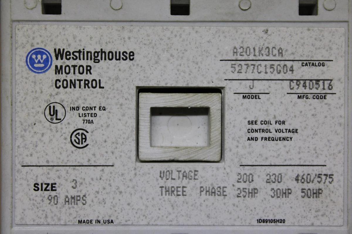 Used WESTINGHOUSE CONTACTOR A201K3CA 90 AMP 600 VAC 50 HP NEMA 3 COIL: 120V