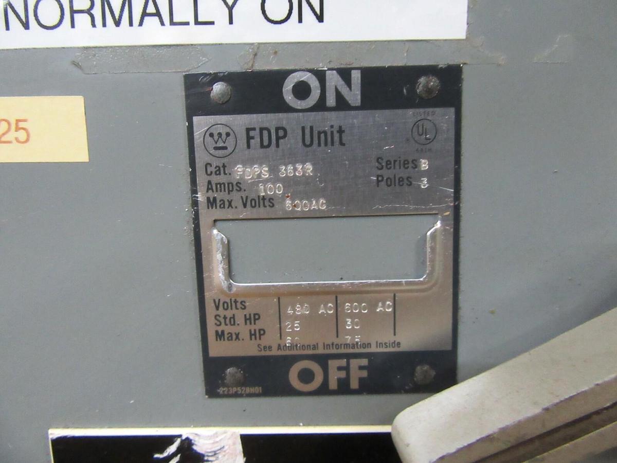 Used WETINGHOUSE FUSE PANELBOARD SWITCH FDPS363R 100 AMP 600 VAC 75 HP 3-POLE
