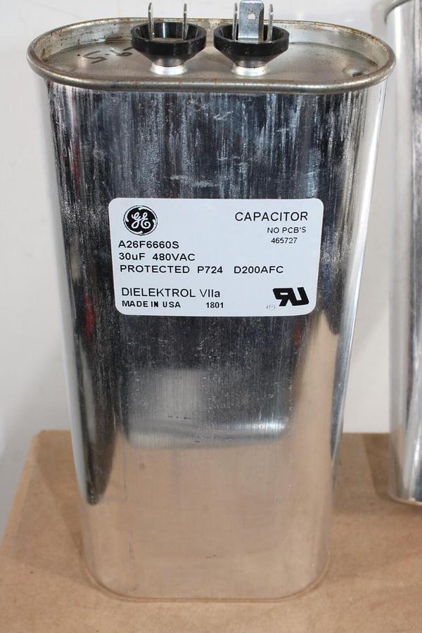 Used LOT OF 2 GE NON-PCB CAPACITOR A26F6660S 30 uF 480 VAC DIELEKTROL VII