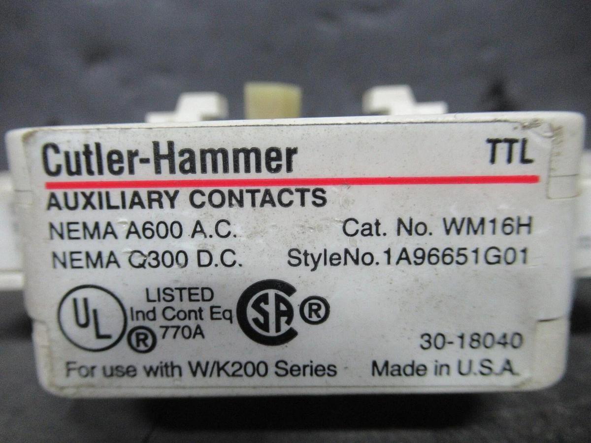 Used CUTLER-HAMMER AUXILIARY CONTACT WM16H STYLE: 1A96651G01 FOR W/K200 SERIES