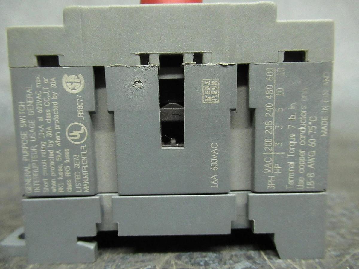 Used ABB OT16E3 DISCONNECT SWITCH 600 V 16 A 10 HP @ 480 VAC 3 PH *WARRANTY INCLUDED*