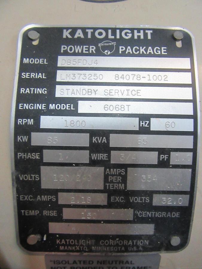 Used 85 KW KATOLIGHT GENERATOR HEAD SINGLE PHASE 3/11.5 GENERATOR CONTROLLER, BREAKER