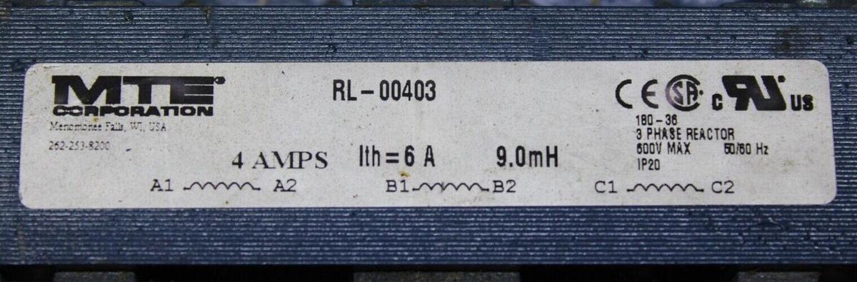 Used MTE 3-PHASE REACTOR RL-00403 4-6 AMP 600 VOLT 9 mH 50/60 HZ **WARRANTY**