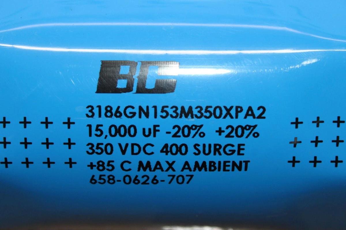 Used BC CAPACITOR 3186GN153M350XPA2 658-0626-707 350 VDC 400 SURGE 15000uF ± 20%