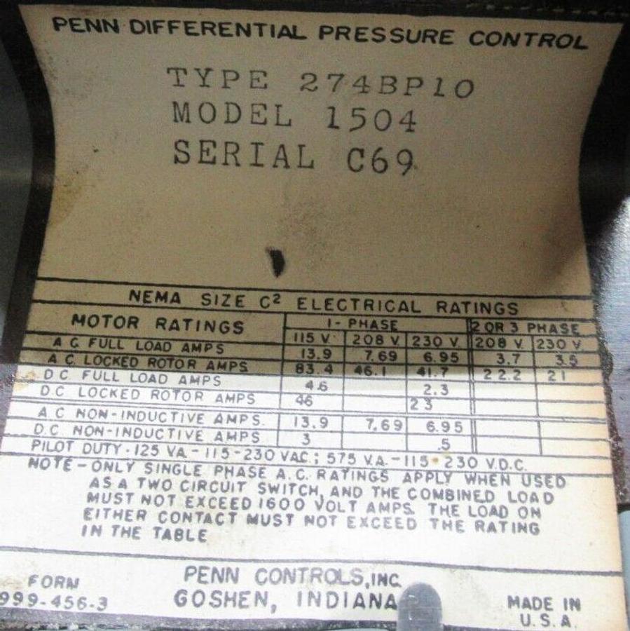 Used PENN DIFFERENTIAL PRESSURE CONTROL HK06CA401 / 274BP10 230 VAC 13.9 AMP