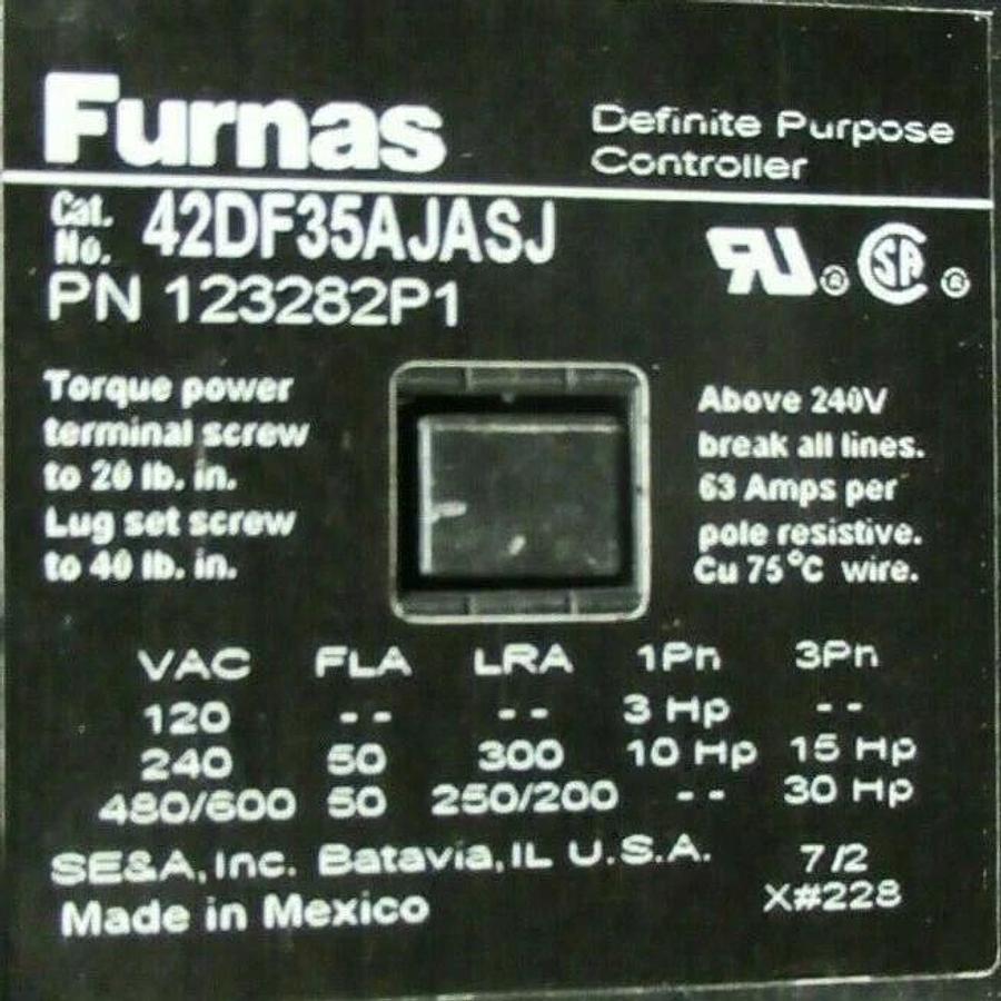 Used FURNAS 50 AMP CONTACTOR 42DF35AJASJ / 123282P1 600 VAC COIL: 24 VOLT 30 HP