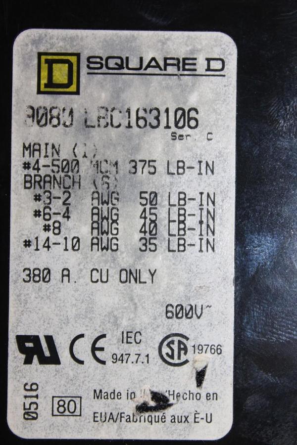 Used SQUARE D WIRE POWER DISTRIBUTION BLOCK 9080-LBC163106 1-POLE 380 AMP 600 VAC