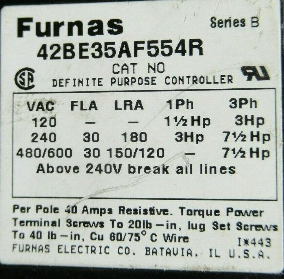 Used FURNAS CONTACTOR 42BE35AF554R SER, B 30 AMP 7.5 HP 600 VAC **WARRANTY!**