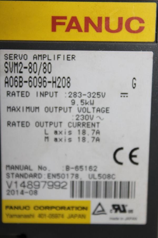 Used FANUC SERVO AMPLIFIER MODULE A06B-6096-H208 230 VAC 9.5 kW 18.7 AMP 325 VDC