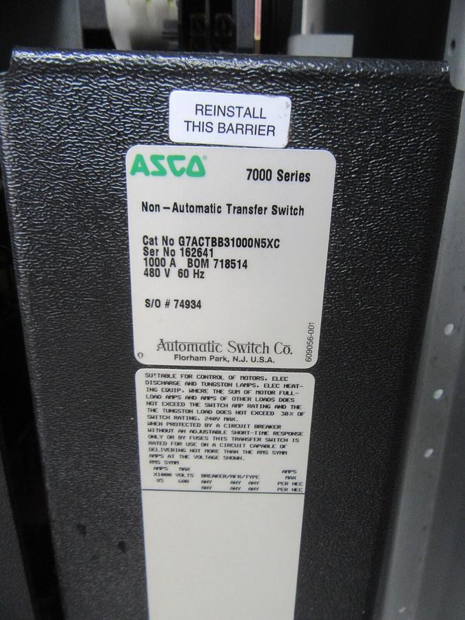 Used 1000 AMP ASCO AUTOMATIC TRANSFER SWITCH 7000 SERIES 480 V ATS BYPASS ISOLTION