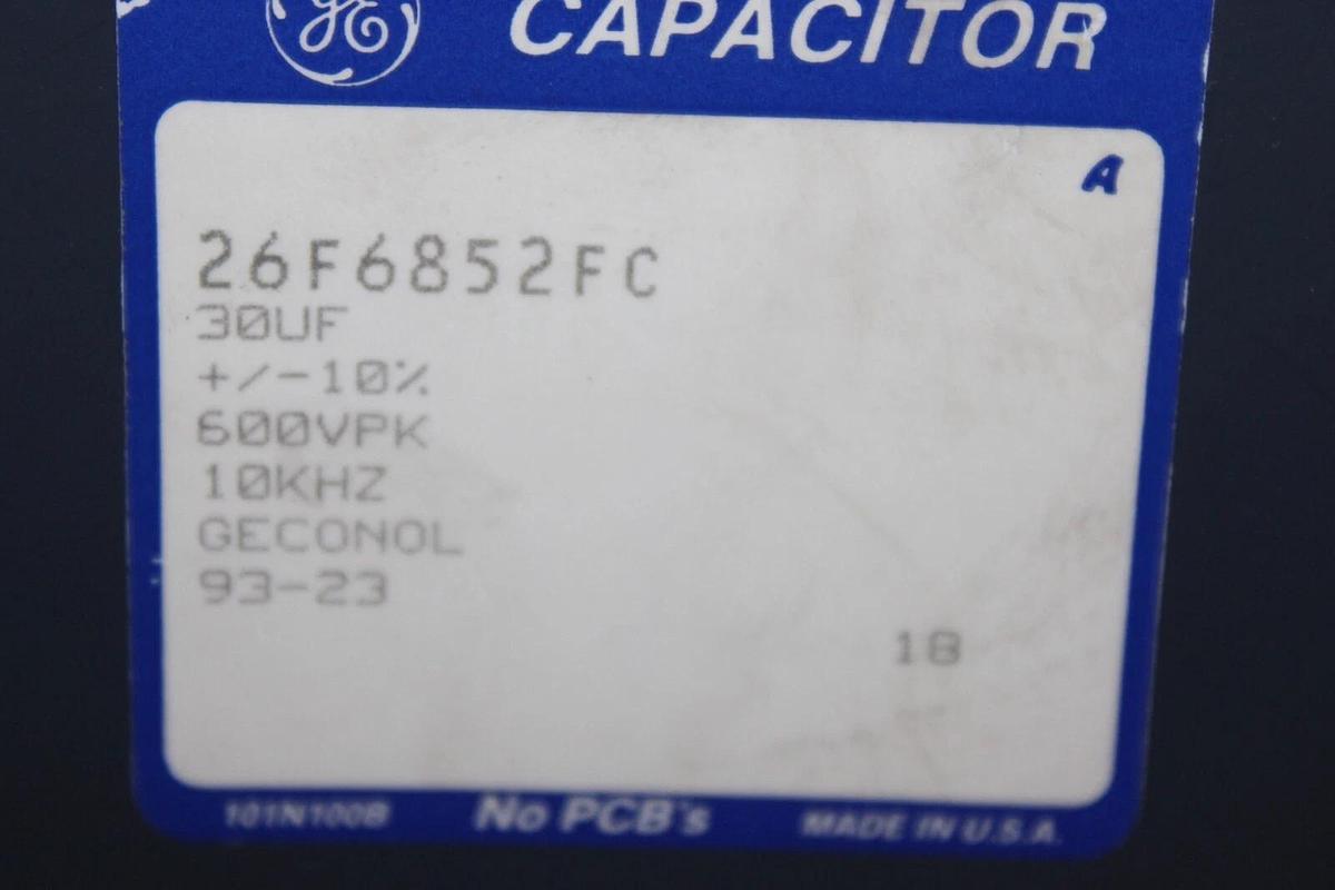 Used GENERAL ELECTRIC GEKONOL CAPACITOR 26F6852FC 30 uF 600 VPK 10 KHZ