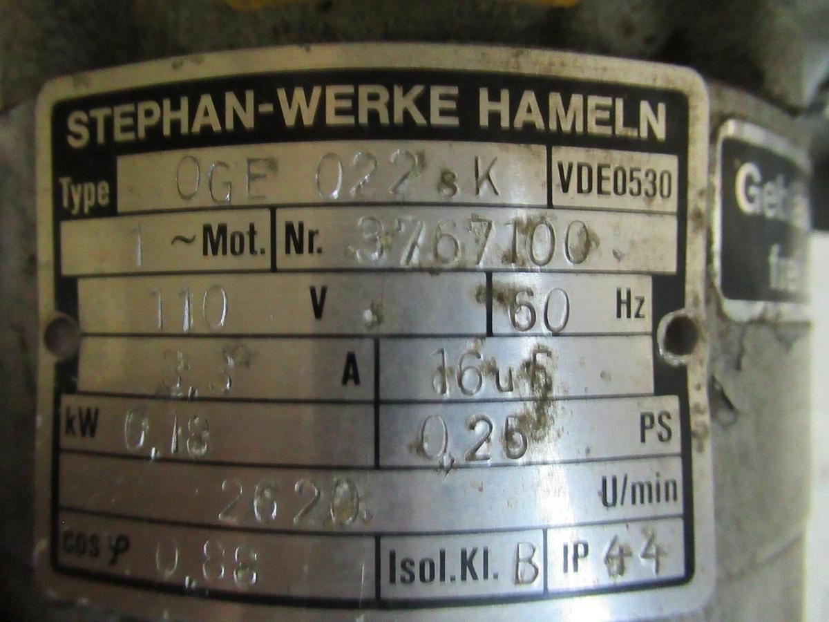 Used STEPHAN-WERKE-HAMELN FAN OGE-022SK 110 VOLT 3.3 AMP 0.18 KW 0.25 PS 2620 RPM