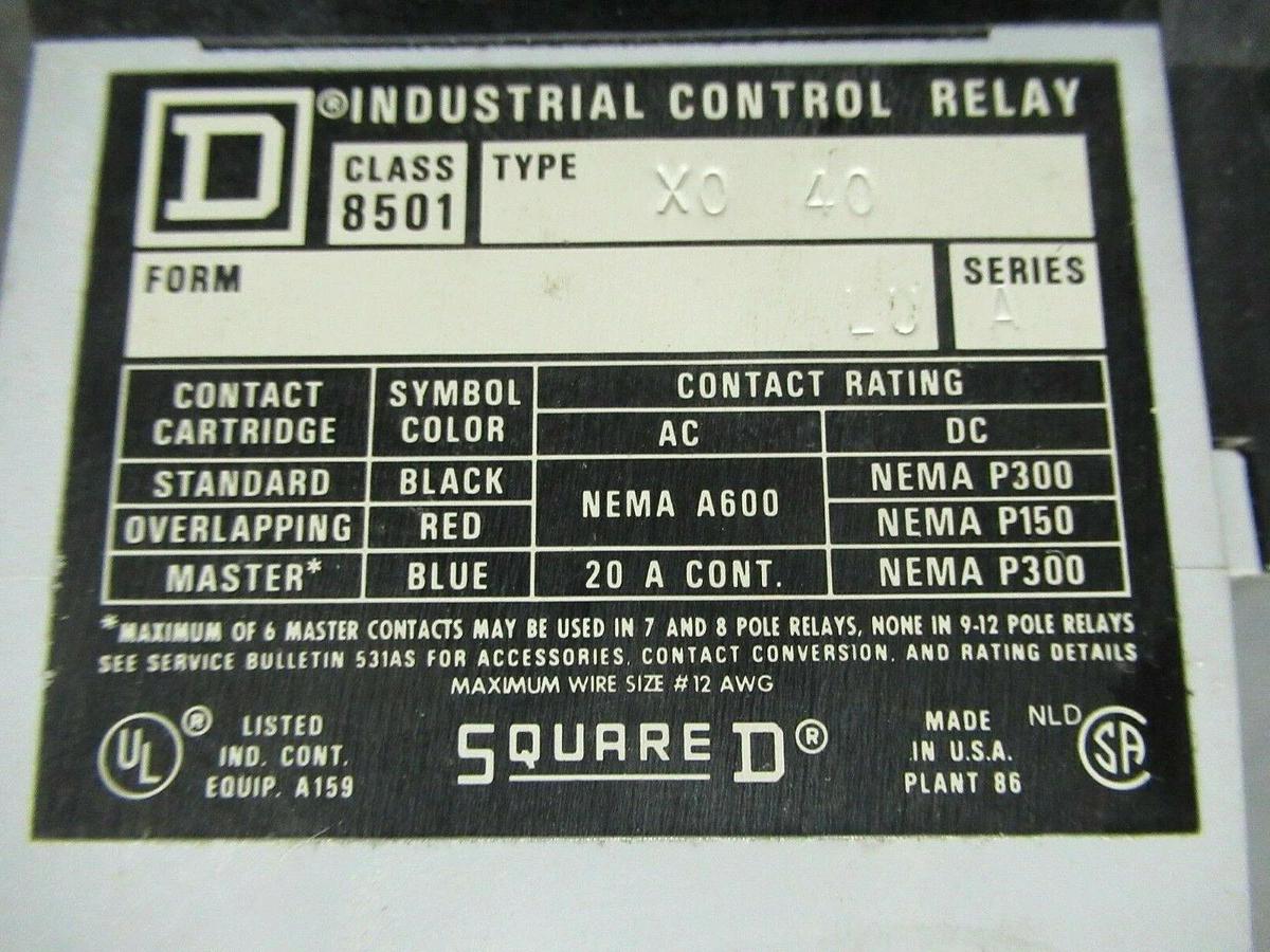 Used 20 AMP SQUARE D TYPE X RELAY 8501-XO-40 12 POLE **WARRANTY INCLUDED**