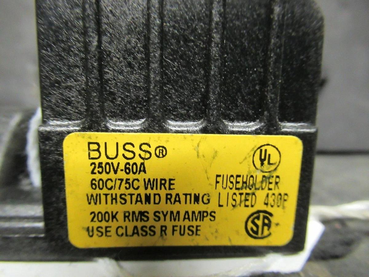 Used 60 AMP BUSS R25060-1CR 1 POLE CLASS R FUSEHOLDER BLOCK 240 VAC 200K RMS SYM AMPS