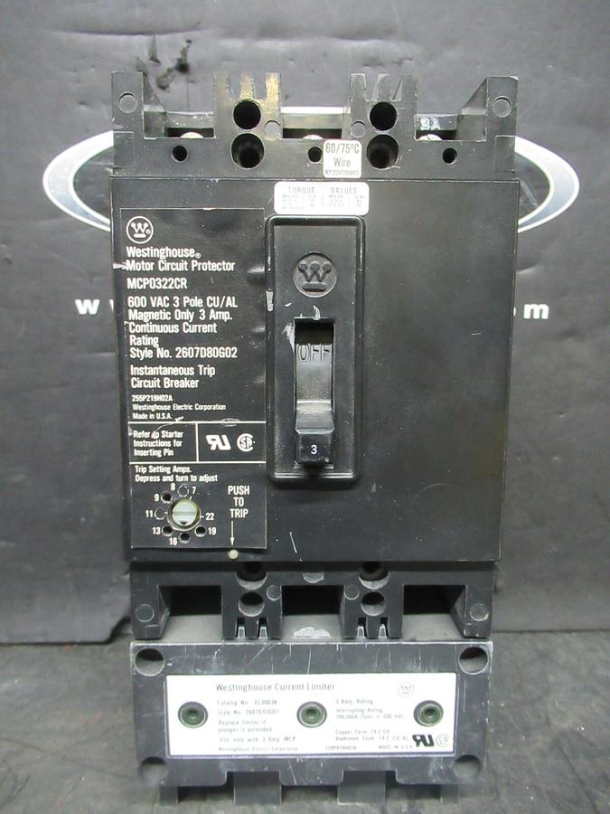 Used WESTINGHOUSE MOTOR CIRCUIT PROTECTOR MCP0322CR 3 AMP 600 VAC 3-POLE