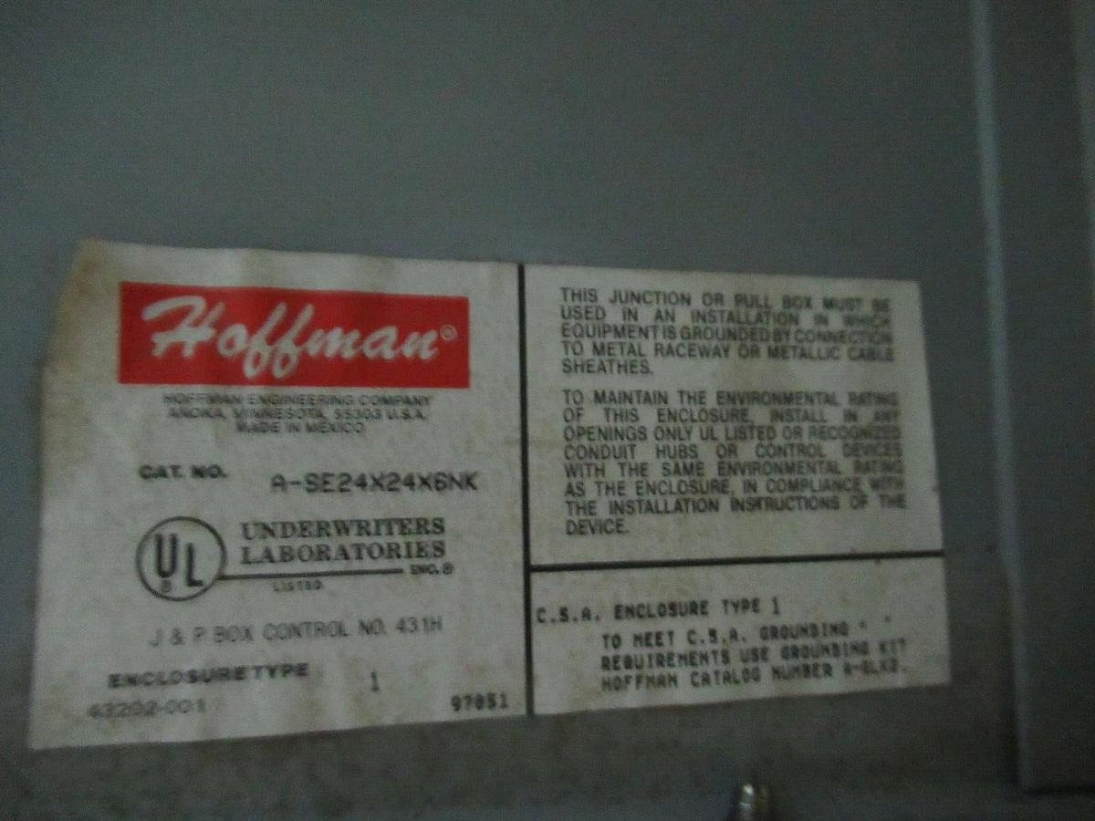 Used HOFFMAN ENCLOSURE A-SE24X24X6NK ENCLOSURE TYPE: 1 **WARRANTY INCLUDED**