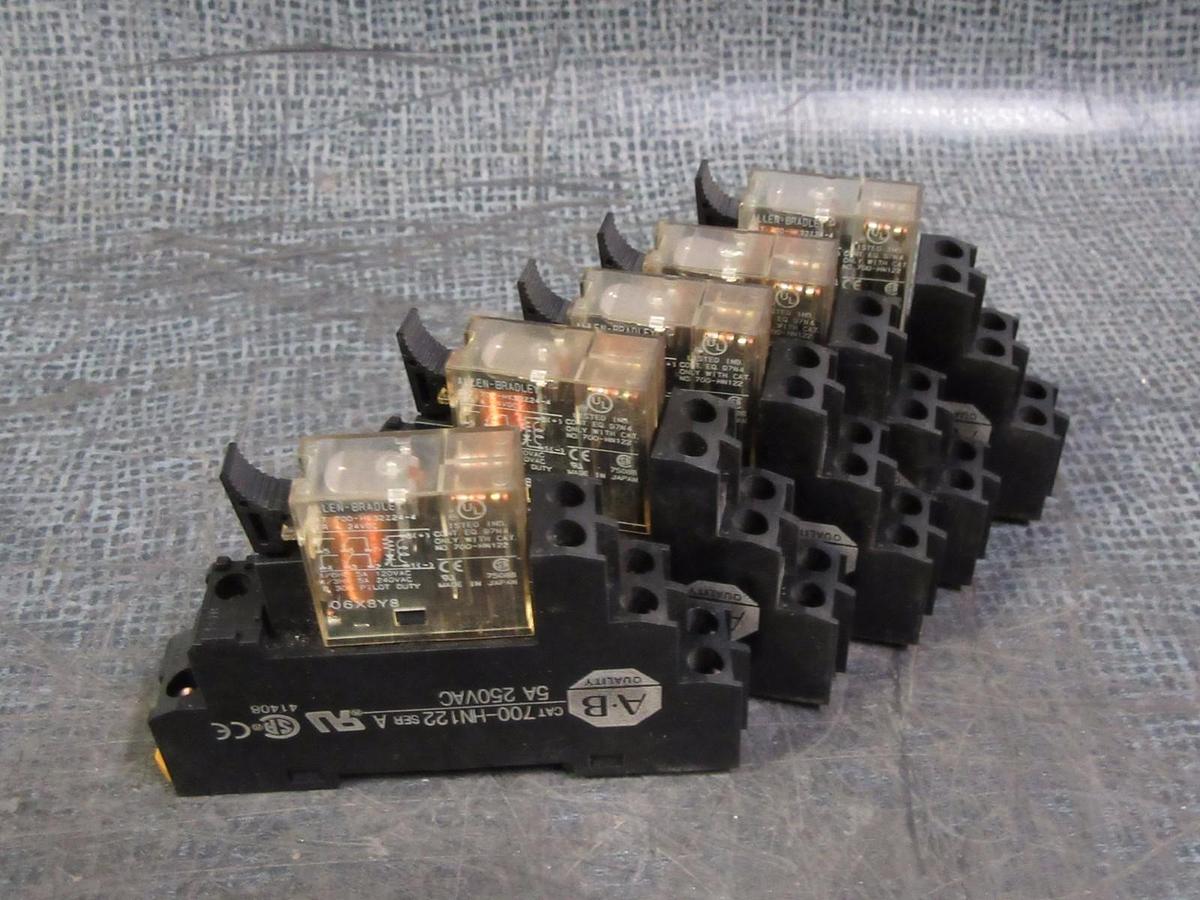Used (5) ALLEN BRADLEY RELAY SOCKETS # 700-HN122 SER A & 24 VDC RELAY # 700-HK32Z24-4