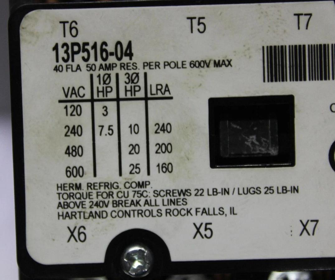 Used HARTLAND CONTACTOR 13P516-04 HCCY4XQ04WG164RA 40 AMP 600 VAC 25 HP COIL: 24VAC