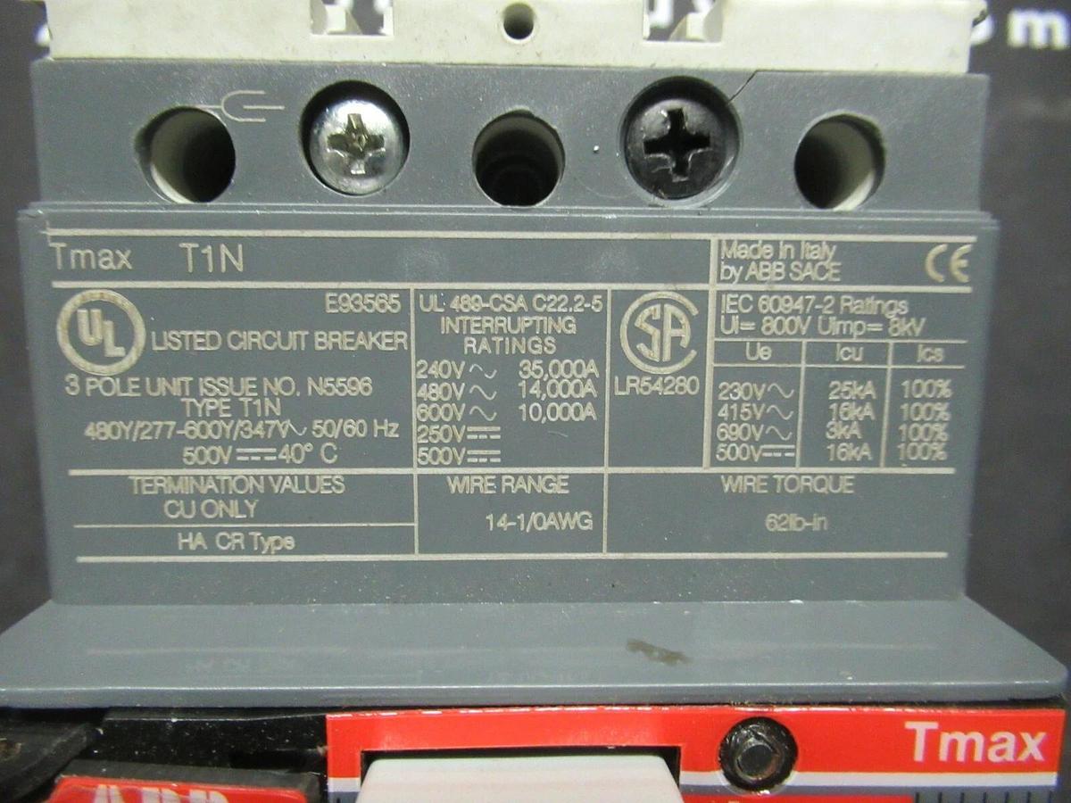 Used ABB BREAKER TMAX T1N 15 AMP 240/480/600 VAC 500 VDC 3 POLE * WARRANTY *