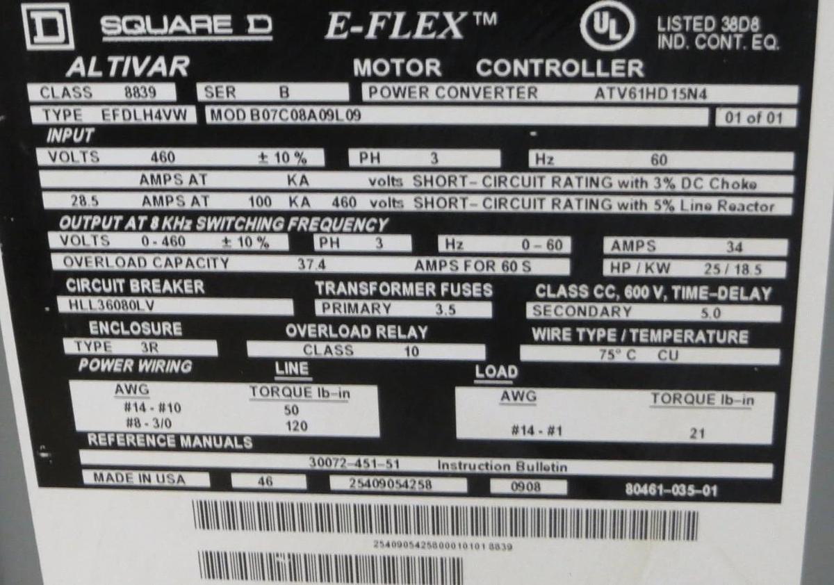 Used SQUARE D E-FLEX ALTIVAR MOTOR CONTROLLER VSD EFDLH4VW 460V 3-PHASE 5 HP NEMA 3R