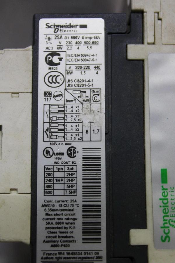 Used SCHNEIDER CONTACTOR LC1D09 25 AMP 600 VAC 3-POLE 3-PHASE 7.5 HP W/ LAD4BBVG