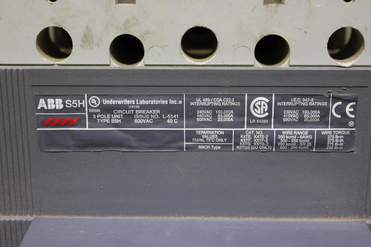 Used ABB CIRCUIT BREAKER S5H 400 AMP 3-POLE 600 VOLT W/ AUXILIARY SWITCH
