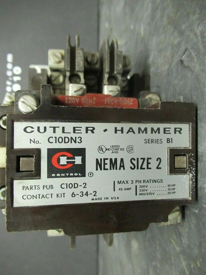 Used 45 AMP CUTLER HAMMER NEMA: 2 CONTACTOR C10DN3 COIL: 120 VAC **WARRANTY**