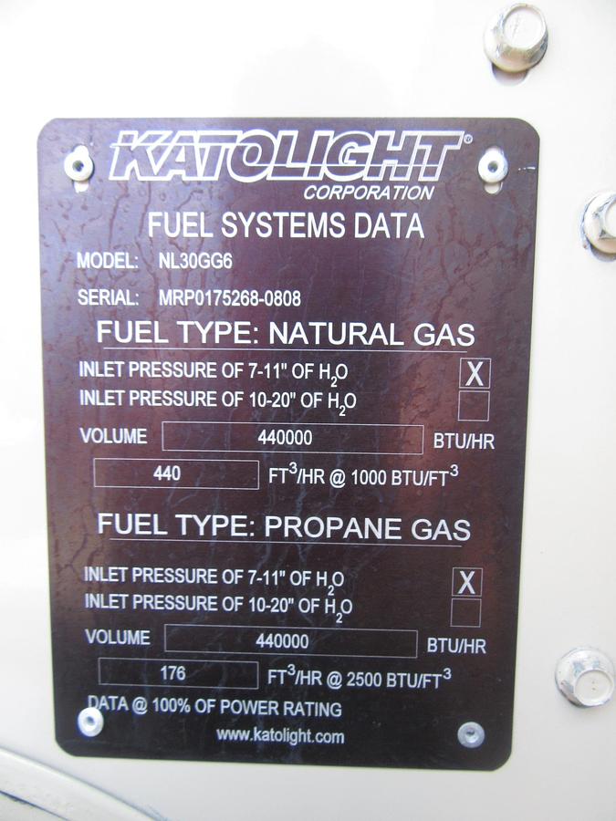 Used 30 KW NATURAL GAS PROPANE GENERATOR KATOLIGHT 120/240V RE-CONNECTABLE 347HRS VIDEO WE SHIP
