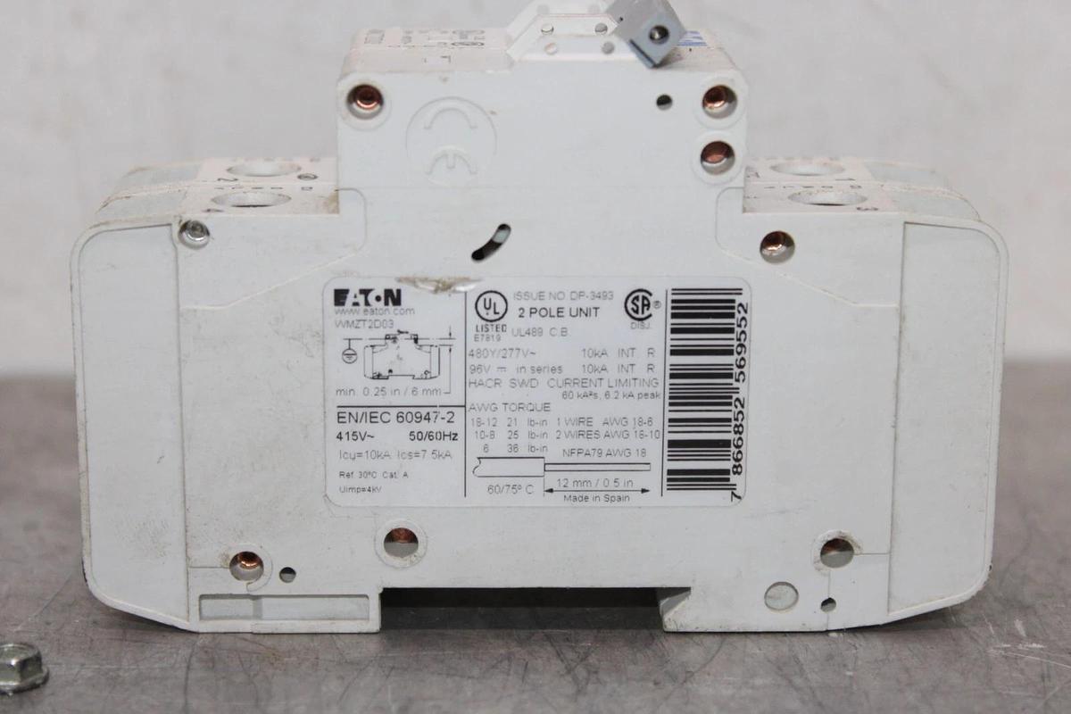 Used EATON CIRCUIT BREAKER WMZT2D03 2-POLE 3 AMP 277/480 VAC AM47E
