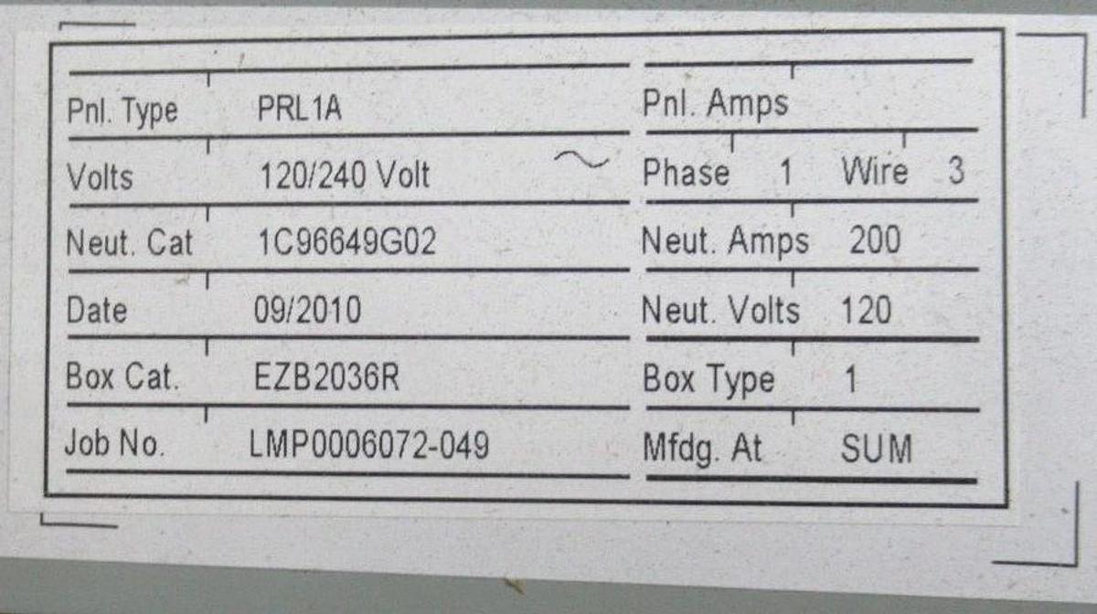 Used EATON POW-R-LINE MAIN SERVICE PANEL PRL1A EZB2036R 100 AMP 240/120 VAC 1 PHASE