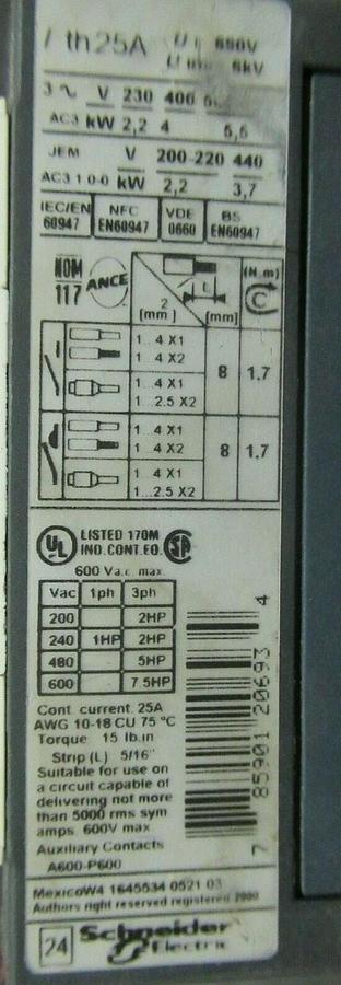Used SCHNEIDER CONTACTOR LC1D09 25 AMP 600 VAC 7.5 HP **WARRANTY INCLUDED!**