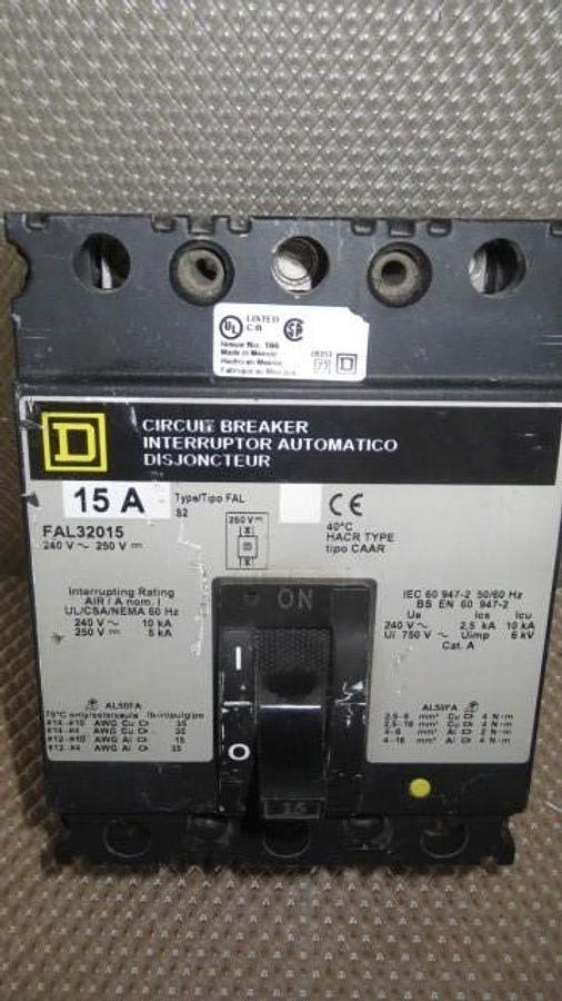 Used 15 AMP SQUARE D BREAKER 240 VAC 3 POLE MODEL FAL32015 **WARRANTY INCLUDED**