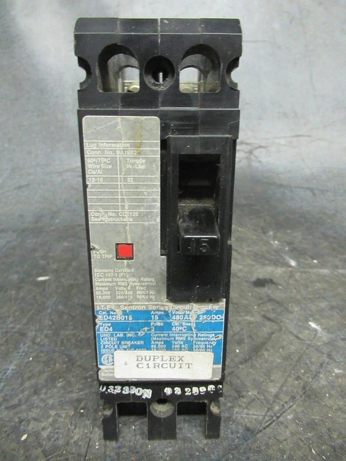 Used 15 AMP ITE SENTRON BREAKER ED42B015 480 VAC 2 POLE **WARRANTY INCLUDED**