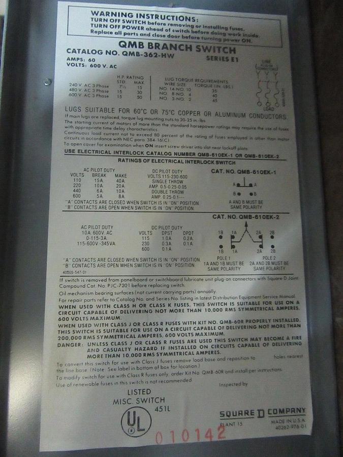 Used SQUARE D PANEL BOARD DISCONNECT QMB-362-HW 3-POLE 60 AMP 600 VAC 50 HP