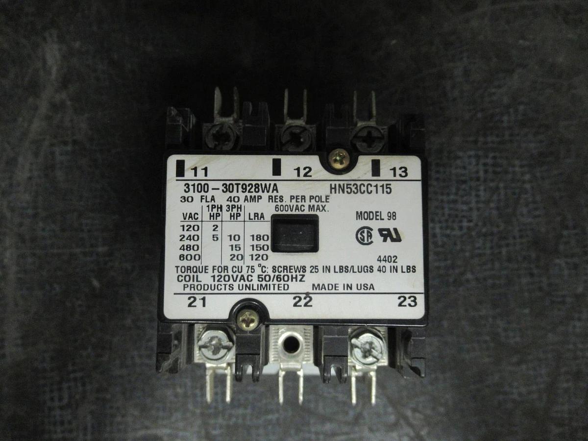 Used PRODUCTS UNLIMITED CONTACTOR 3100-30T928WA 30A 600V 20HP HN53CC115 COIL: 120V