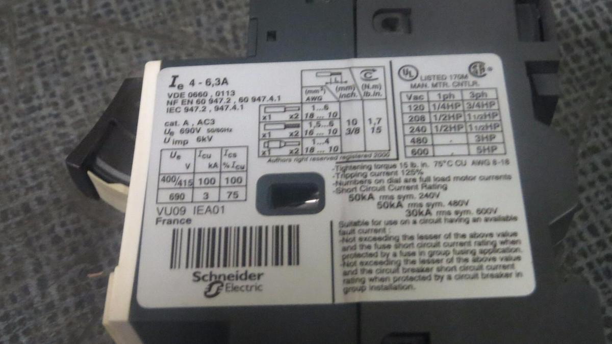 Used TELEMECANIQUE CONTACTOR MANUAL MOTOR START 4-6.3 AMP 600V  MODEL: GV2-ME10