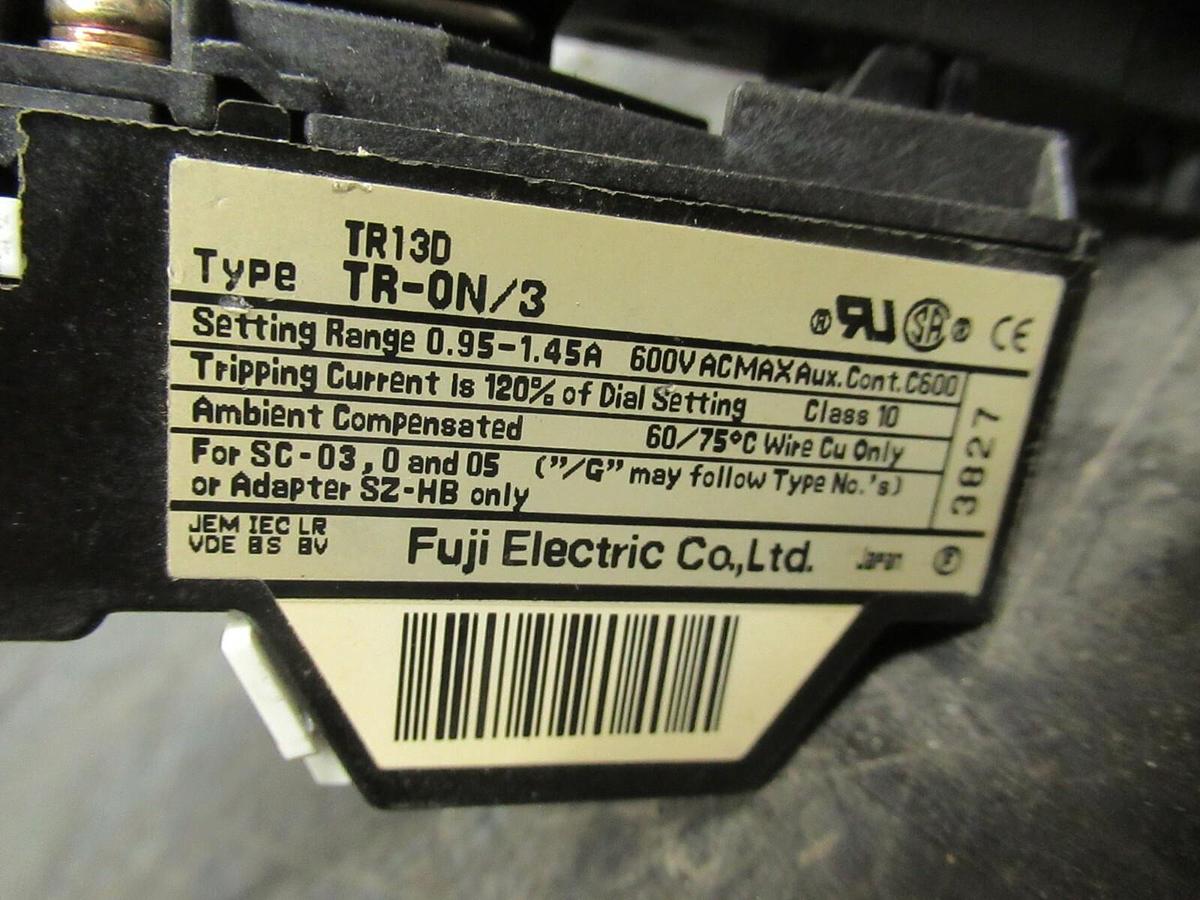 Used 13 AMP FUJI STARTER SC-0/G SC13AG 600 VAC COIL: 24 VDC W/ TR-0N/3 TR13D OVERLOAD