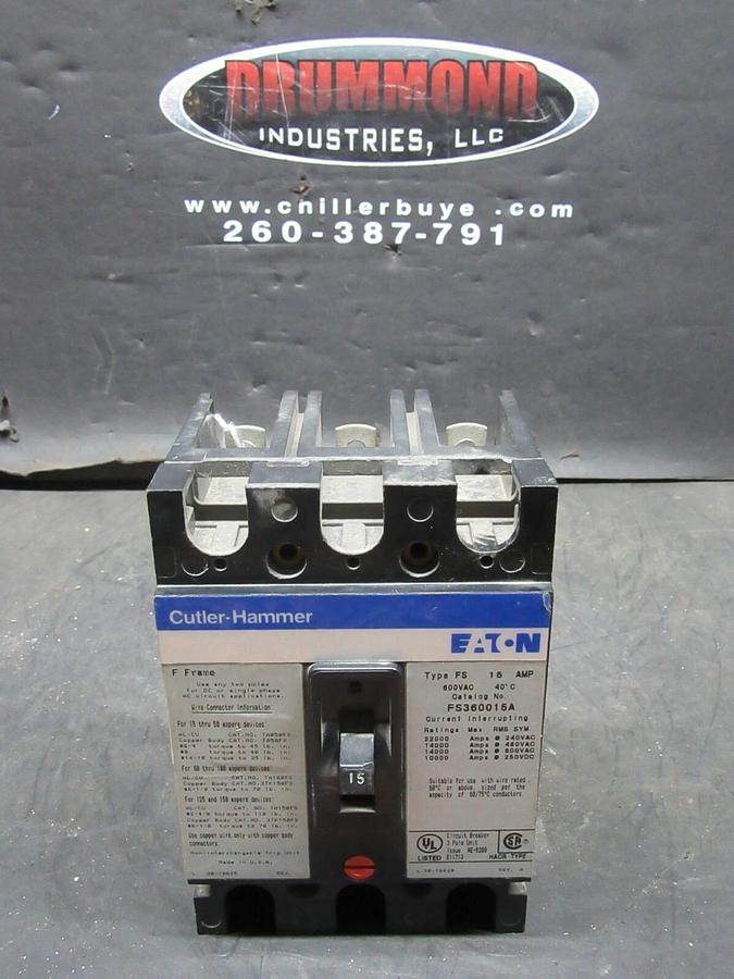 Used CUTLER HAMMER CIRCUIT BREAKER FS360015A 15 AMP 600 VAC 3-POLE **WARRANTY**