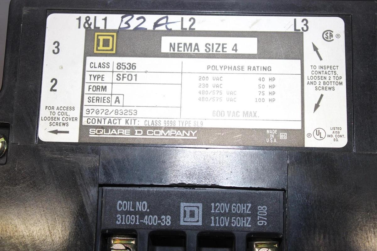 Used SQUARE D NEMA STARTER 8536SF01 NEMA 4 600 VAC 3-POLE 100 HP COIL: 120V