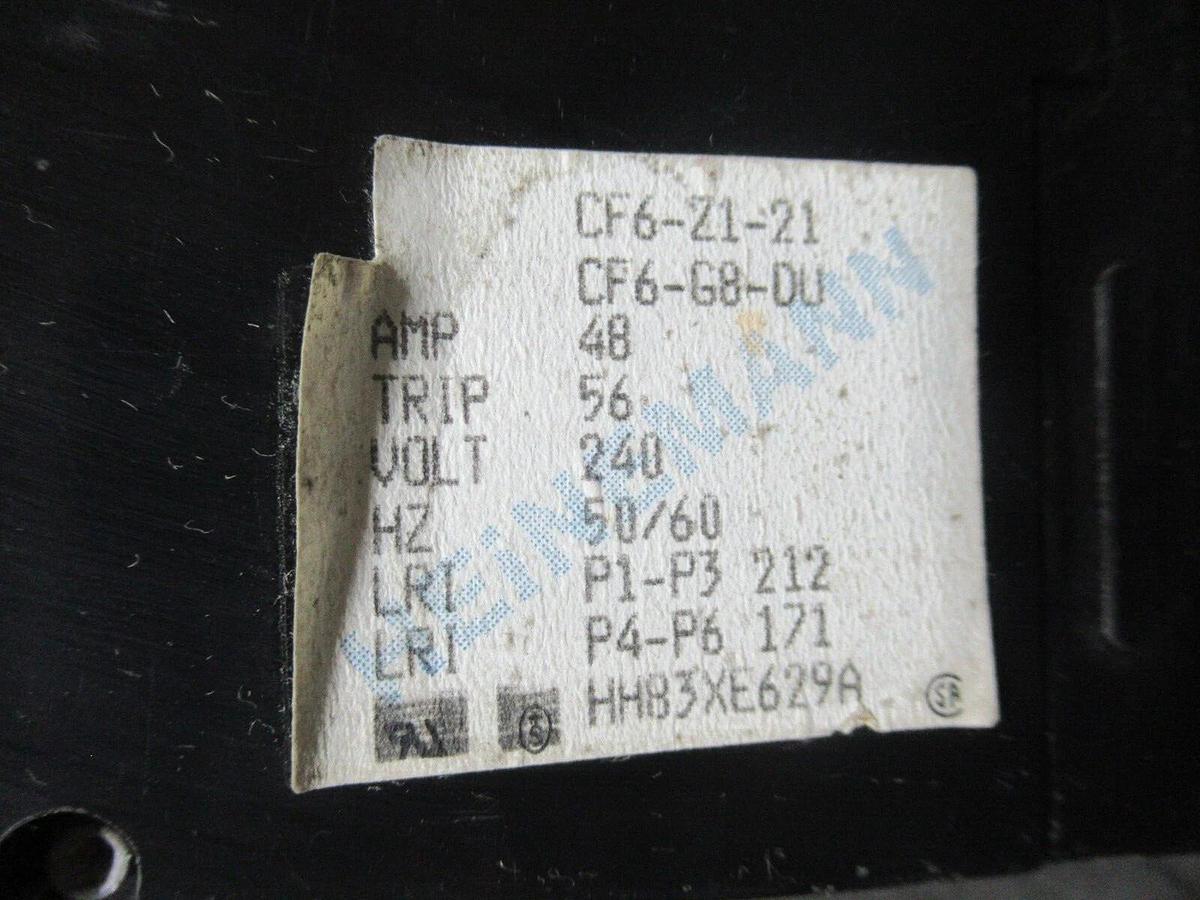 Used HEINEMANN BREAKER CF6-Z1-21 CF6-G8-DU 56 AMP TRIP 240 VAC HH83XE629A